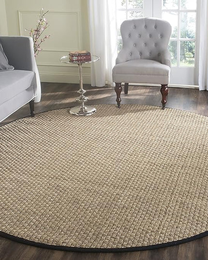 SAFAVIEH Area Rug 8' Round - Natural Fiber Collection - Large - Natural & Black, Seagrass, Basketweave Pattern with Border (NF114C)
