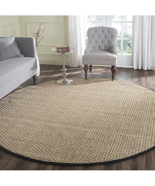 SAFAVIEH Area Rug 8' Round - Natural Fiber Collection - Large - Natural & Black, Seagrass, Basketweave Pattern with Border (NF114C)