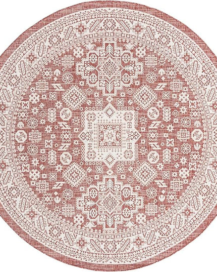 Rugs.com Outdoor Aztec Collection Rug – 8 Ft Round Rust Red Flatweave Rug Perfect for Kitchens, Dining Rooms