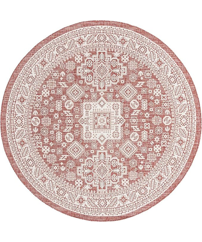 Rugs.com Outdoor Aztec Collection Rug – 8 Ft Round Rust Red Flatweave Rug Perfect for Kitchens, Dining Rooms