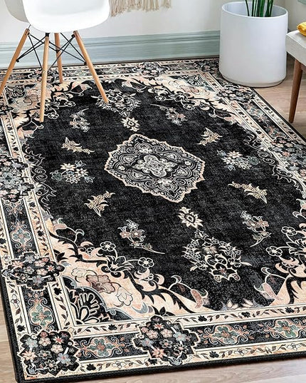 MUJOO Black Rug 3'x5' Washable, Boho Area Rugs for Entryway Bedroom Living Room Kitchen,Small Vintage Bohemian Distressed Farmhouse Non Slip Carpet,Floral