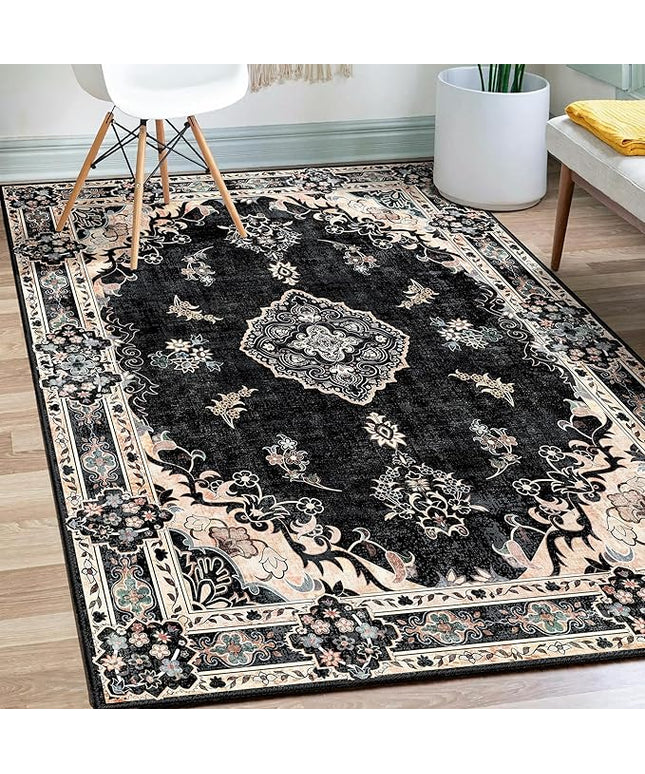 MUJOO Black Rug 3'x5' Washable, Boho Area Rugs for Entryway Bedroom Living Room Kitchen,Small Vintage Bohemian Distressed Farmhouse Non Slip Carpet,Floral