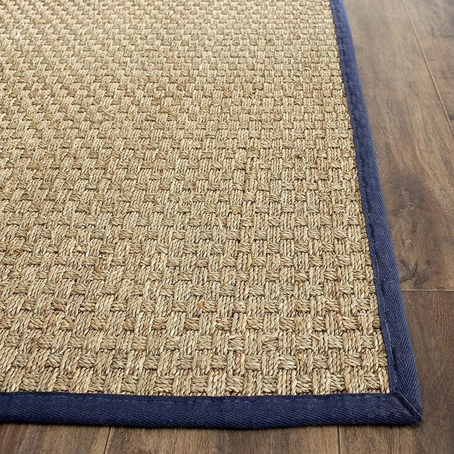 SAFAVIEH Natural Fiber Collection Area Rug - 2'6" x 4', Natural & Blue, Seagrass, Basketweave Pattern with Border (NF114E)