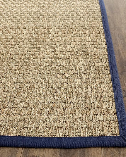 SAFAVIEH Area Rug 9x12 - Natural Fiber Collection - Large - Natural & Blue, Seagrass, Basketweave Pattern with Border (NF114E)