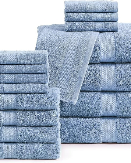 LANE LINEN 100% Cotton Premium Bathroom Towels Set - 16 Pieces - Ring Spun, Quick Dry, Super Soft & Highly Absorbent - 4 Bath, 8 Washcloths, 4 Hand Towels for Bathroom - Pre Shrunk - Cerulean Blue
