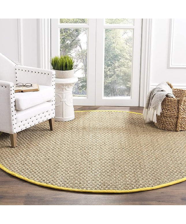 SAFAVIEH Area Rug 6' Round - Natural Fiber Collection - Natural & Gold, Seagrass, Basketweave Pattern with Border (NF114X)