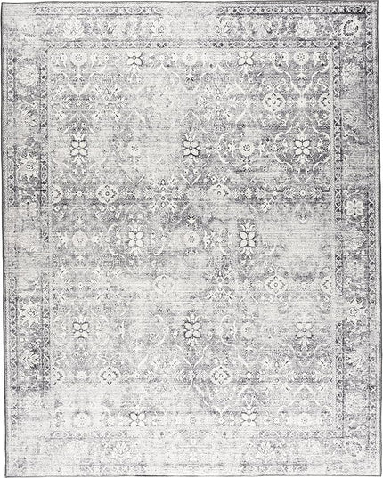 ReaLife Rugs Machine Washable Area Rug - Living Room Bedroom Bathroom Kitchen Entryway Office - Padded Low Pile Stain Resistant Premium - Boho Farmhouse Vintage - Noor - Silver Ivory 4' x 6'