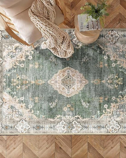 MUJOO Boho Rug 3'x5' Area Rug Small Green Rug Vintage Machine Washable Rugs for Entryway Bedroom Bedside Kitchen Hallway Living Room Laundry Room Indoor Mat Non Slip Soft Low-Pile Floral