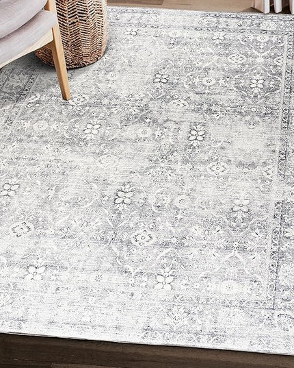 ReaLife Rugs Machine Washable Area Rug - Living Room Bedroom Bathroom Kitchen Entryway Office - Padded Low Pile Stain Resistant Premium - Boho Farmhouse Vintage - Noor - Silver Ivory 7'6" x 9'6"