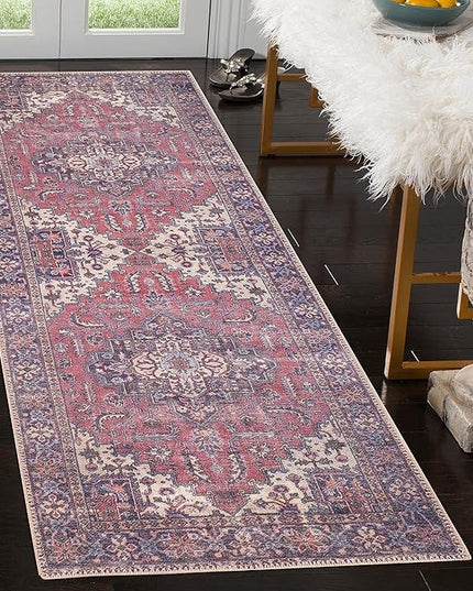 GLN Rugs Traditional Collection - Machine Washable Area Rug, Traditional Washable, Non Slip, Low Pile Chenille Rug, Living Room, Bedroom, Kitchen Rug (2'6"x7' Multi Blue)