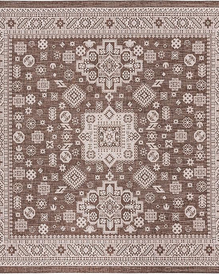 Rugs.com Outdoor Aztec Collection Rug – 10 Ft Square Brown Flatweave Rug Perfect for Living Rooms, Kitchens, Entryways