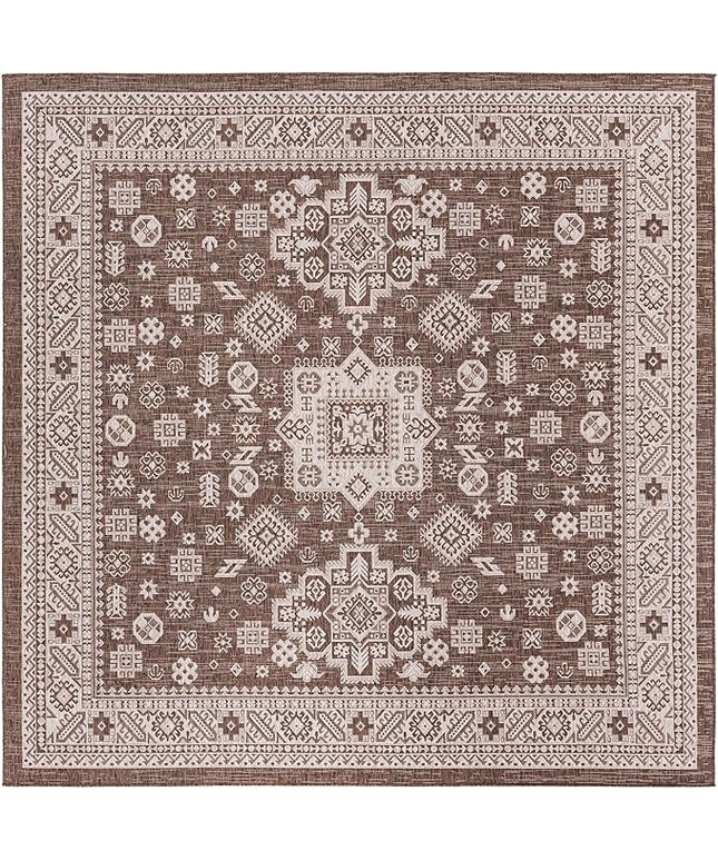 Rugs.com Outdoor Aztec Collection Rug – 10 Ft Square Brown Flatweave Rug Perfect for Living Rooms, Kitchens, Entryways