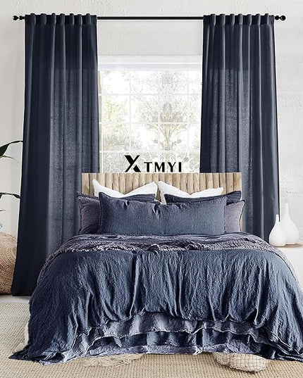 XTMYI Indigo Blue Curtains 108 Inches Long for Living Room 2 Panels Set Back Tab Hook Pleat Linen Extra Long Sheer Curtain Drapes for Dining Room,Total Wide 100 x 108 Inch Length,Dark Navy