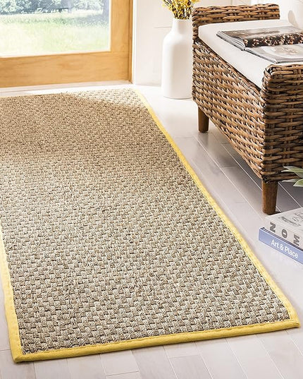 SAFAVIEH Natural Fiber Collection Runner Rug - 2'6" x 6', Natural & Gold, Seagrass, Basketweave Pattern with Border (NF114X)