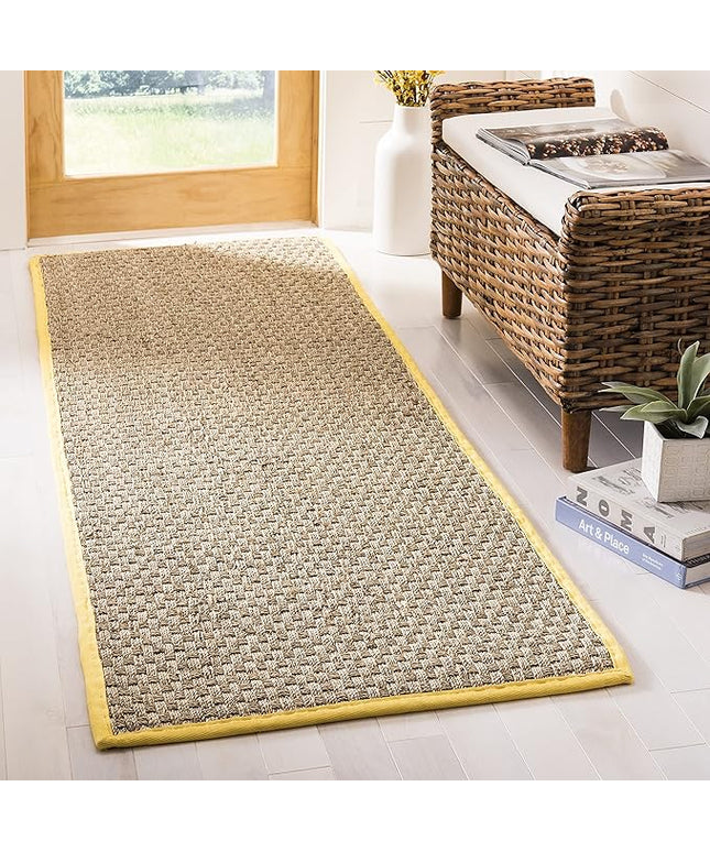 SAFAVIEH Natural Fiber Collection Runner Rug - 2'6" x 12', Natural & Gold, Seagrass, Basketweave Pattern with Border (NF114X)