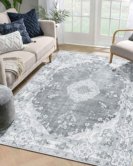 MUJOO Area Rugs 5'x7'Grey,Boho Rug for Bedroom Living Room Dining Room, Large Machine Washable Non Slip Carpet Vintage Bohemian Distressed Farmhouse,Floral