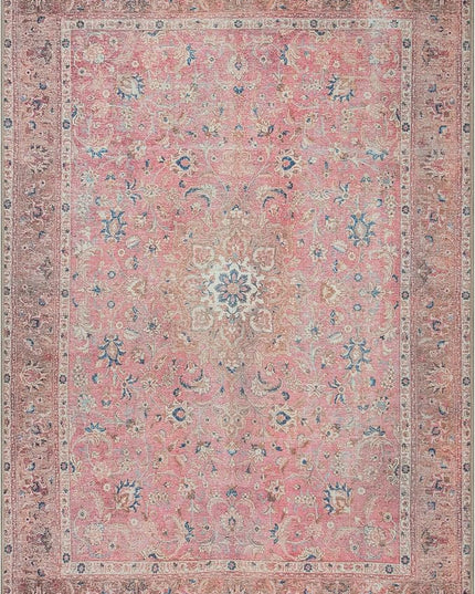 GLN Rugs Traditional Collection - Machine Washable Area Rug, Traditional Washable, Non Slip, Low Pile Chenille Rug, Living Room, Bedroom, Kitchen Rug (6'x9' Pink Vintage)