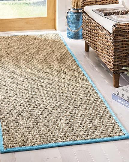 SAFAVIEH Natural Fiber Collection Runner Rug - 2'6" x 10', Natural & Turquoise, Seagrass, Basketweave Pattern with Border (NF114S)