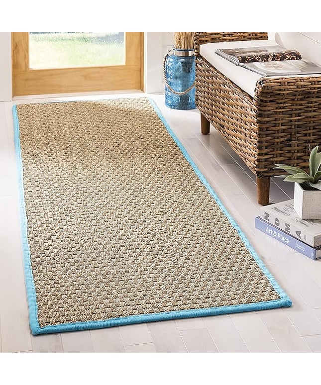 SAFAVIEH Natural Fiber Collection Runner Rug - 2'6" x 8', Natural & Turquoise, Seagrass, Basketweave Pattern with Border (NF114S)