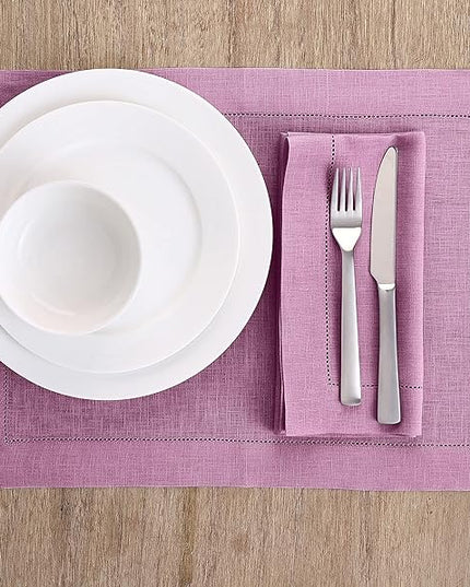 Solino Home Linen Cloth Placemats Set of 4-100% Pure Linen Hemstitch Violet Placemats 14 x 19 Inch - Classic Hemstitch Table Place Mats
