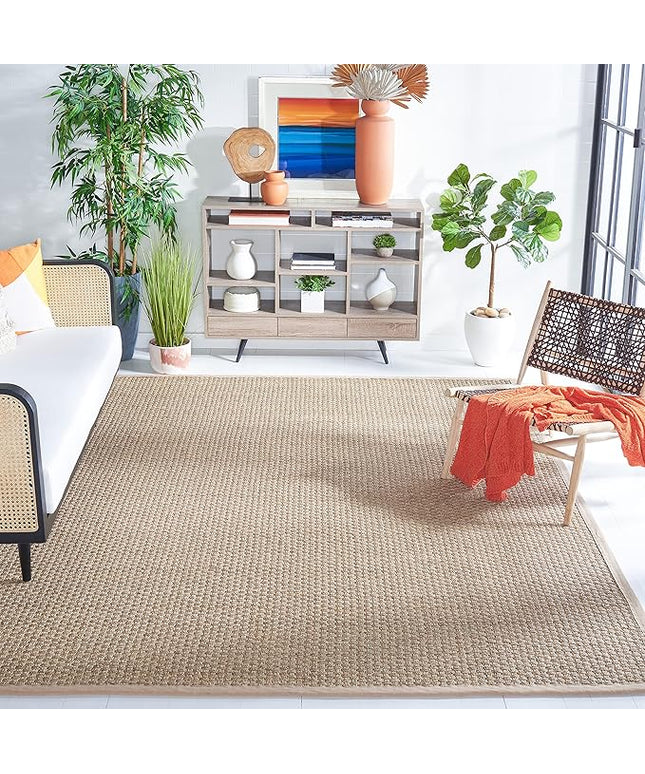 SAFAVIEH Area Rug 7' Square - Natural Fiber Collection - Natural & Beige, Seagrass, Basketweave Pattern with Border (NF114A)