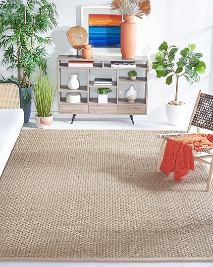 Safavieh Area Rug 12' Square - Natural Fiber Collection - Large - Natural & Beige, Seagrass, Basketweave Pattern with Border (NF114A)