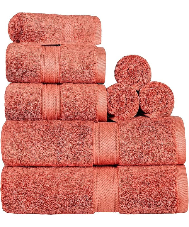 Superior Egyptian Cotton Pile 8 Piece Towel Set, Includes 2 Bath, 2 Hand, 4 Face Towels/Washcloths, Ultra Soft Luxury Towels, Thick Plush Essentials, Guest Bath, Spa, Hotel Bathroom, Coral