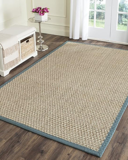 SAFAVIEH Area Rug 5x8 - Natural Fiber Collection - Natural & Light Blue, Seagrass, Basketweave Pattern with Border (NF114M)