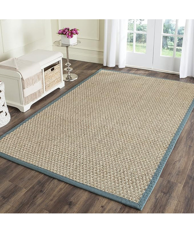 SAFAVIEH Area Rug 6x9 - Natural Fiber Collection - Natural & Light Blue, Seagrass, Basketweave Pattern with Border (NF114M)