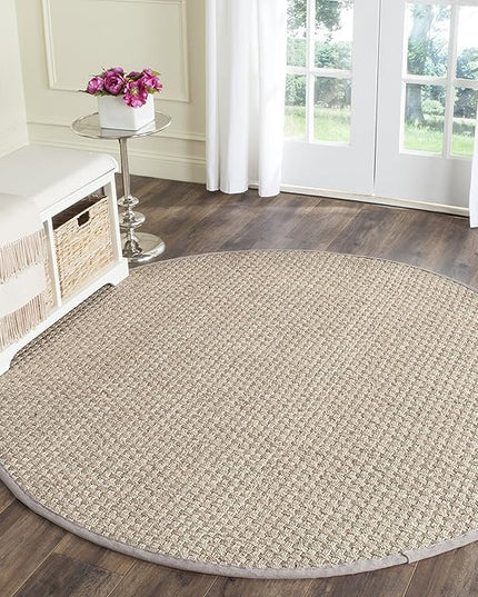SAFAVIEH Area Rug 6' Round - Natural Fiber Collection - Natural & Grey, Seagrass, Basketweave Pattern with Border (NF114P)