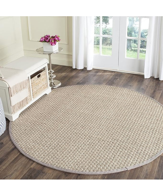SAFAVIEH Area Rug 6' Round - Natural Fiber Collection - Natural & Grey, Seagrass, Basketweave Pattern with Border (NF114P)