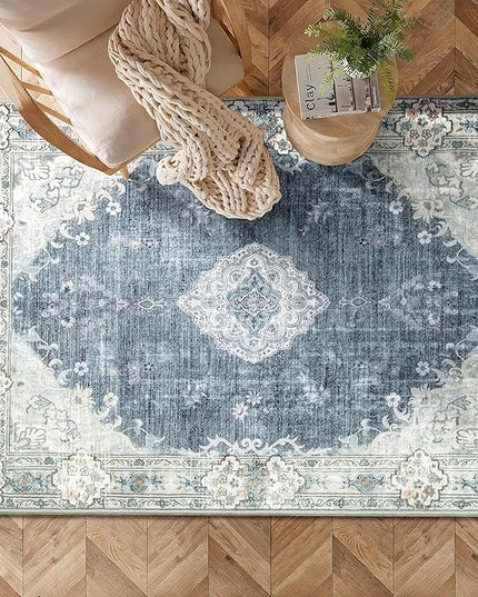 MUJOO Boho Rug 3'x5' Blue Grey Rugs Machine Washable Area Rug Small Non Slip Throw Rugs for Entryway Bedroom Bedside Kitchen Hallway Living Room Laundry Room Indoor Carpet Soft Low-Pile Floral