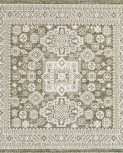 Rugs.com Outdoor Aztec Collection Rug – 5 Ft Square Green Flatweave Rug Perfect for Living Rooms, Kitchens, Entryways