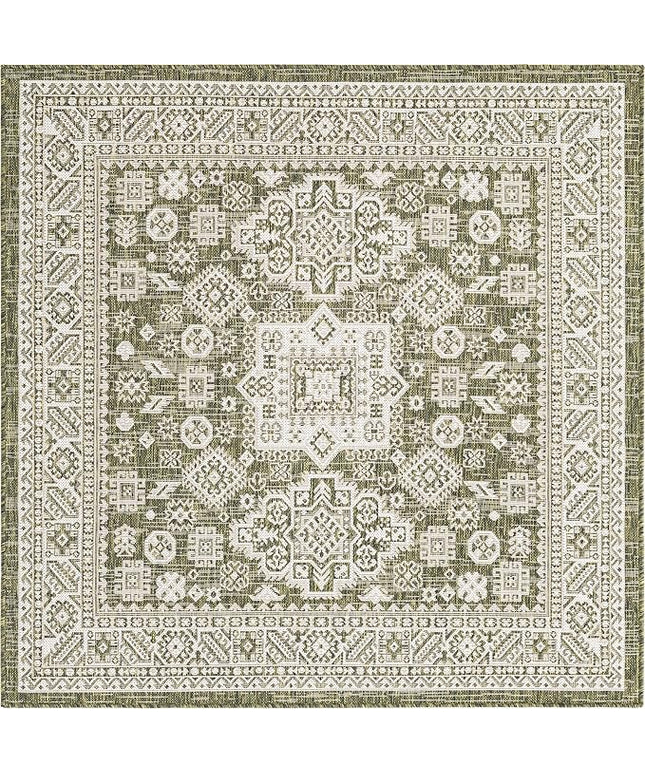 Rugs.com Outdoor Aztec Collection Rug – 5 Ft Square Green Flatweave Rug Perfect for Living Rooms, Kitchens, Entryways