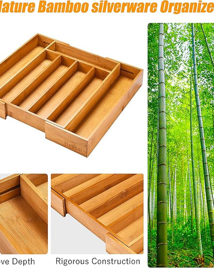 Bellsal Silverware Organizer Kitchen Drawer Organizer Expandable Bamboo Utensil Holder Cutlery Tray for Kitchen Utensil and Flatware Bedroom Office