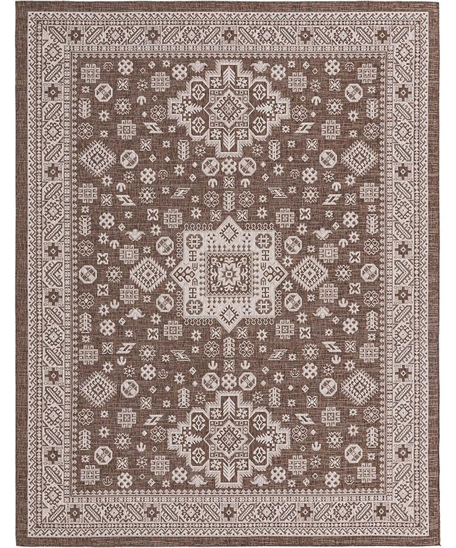 Rugs.com Outdoor Aztec Collection Rug – 10' x 13' Brown Flatweave Rug Perfect for Living Rooms, Large Dining Rooms, Open Floorplans