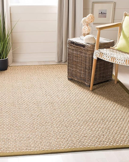 SAFAVIEH Area Rug 9x12 - Natural Fiber Collection - Large - Natural & Olive Green, Seagrass, Basketweave Pattern with Border (NF114G)