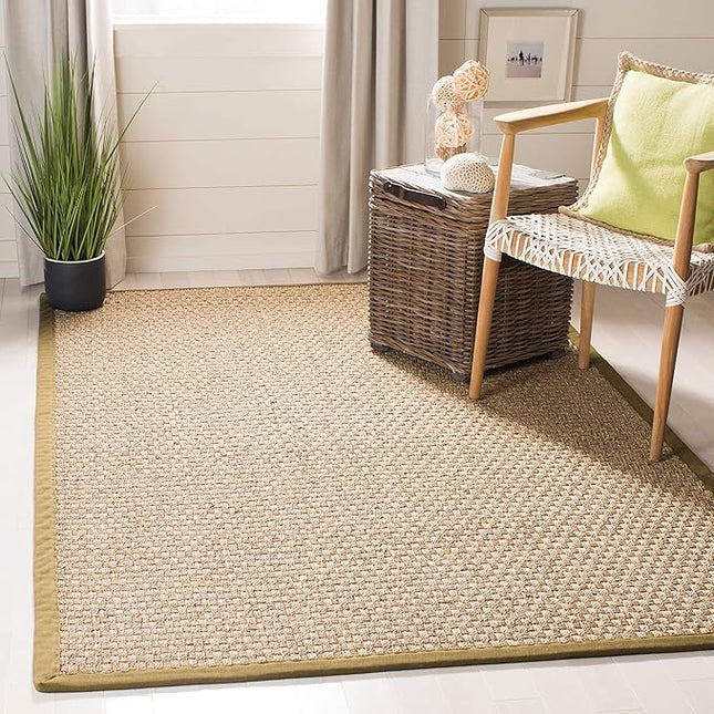 SAFAVIEH Area Rug 3x5 - Natural Fiber Collection - Natural & Olive Green, Border Basketweave Seagrass Design (NF114G)