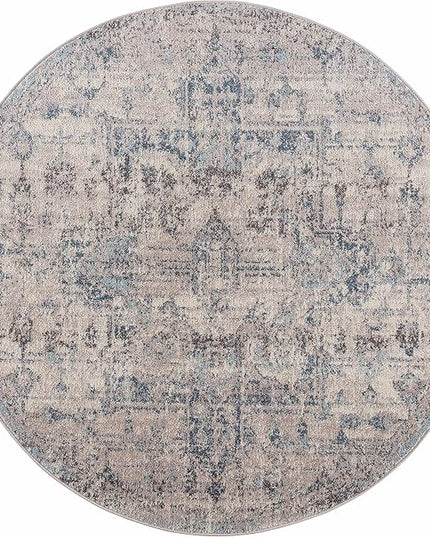 BoutiqueRugs Orrick Oriental Boho Vintage Area Rug - Farmhouse Traditional Patterned Carpet for Living Room, Bedroom - Pale Blue, Aqua, Cream, Brown - 7'10" Round