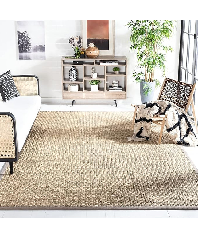 SAFAVIEH Area Rug 10x14 - Natural Fiber Collection - Large - Natural & Grey, Seagrass, Basketweave Pattern with Border (NF114P)