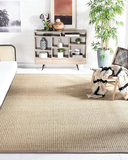 SAFAVIEH Area Rug 7' Square - Natural Fiber Collection - Natural & Grey, Seagrass, Basketweave Pattern with Border (NF114P)