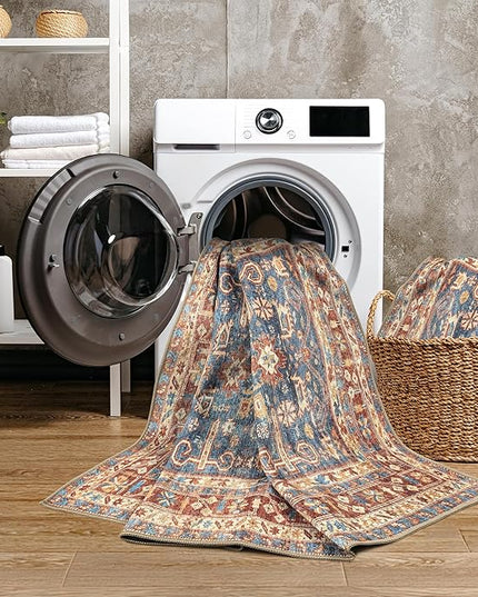GLN Rugs Traditional Collection - Machine Washable Area Rug, Traditional Washable, Non Slip, Low Pile Chenille Rug, Living Room, Bedroom, Kitchen Rug (2'6"x7' Terra and Blue)