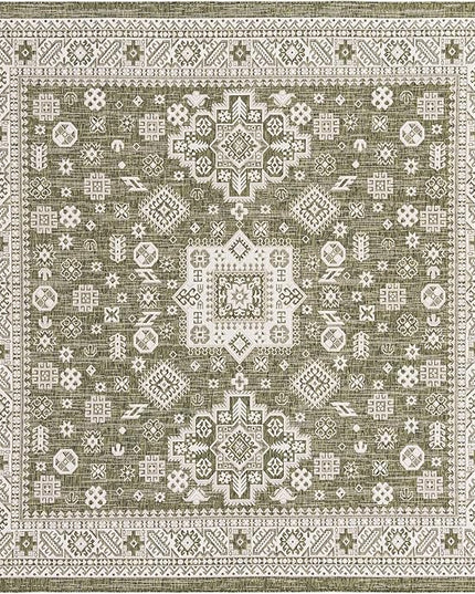 Rugs.com Outdoor Aztec Collection Rug – 10 Ft Square Green Flatweave Rug Perfect for Living Rooms, Kitchens, Entryways