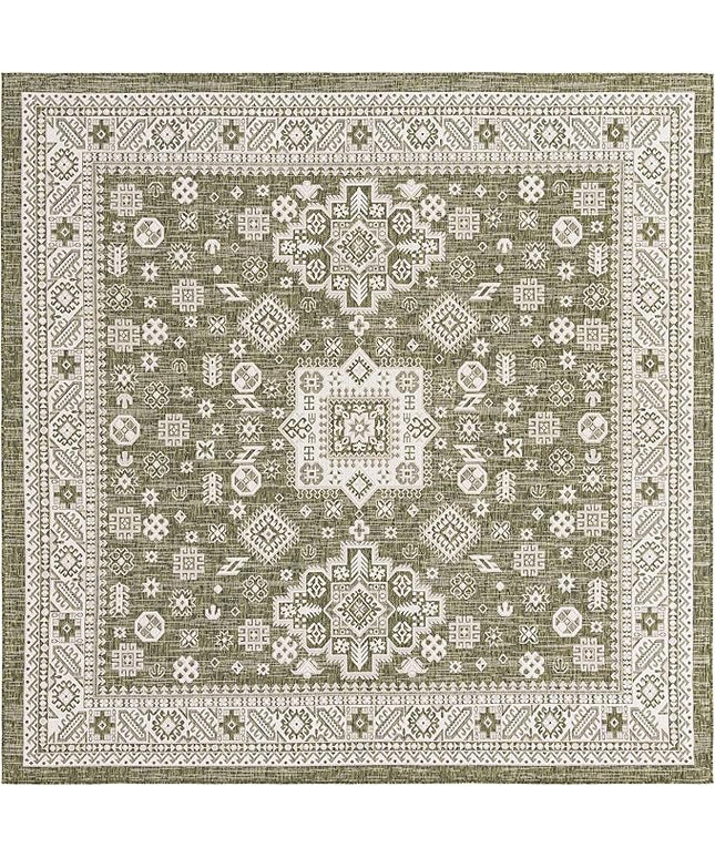 Rugs.com Outdoor Aztec Collection Rug – 10 Ft Square Green Flatweave Rug Perfect for Living Rooms, Kitchens, Entryways