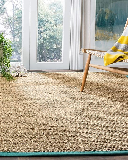 SAFAVIEH Area Rug 8x10 - Natural Fiber Collection - Large - Natural & Teal, Seagrass, Basketweave Pattern (NF114R)