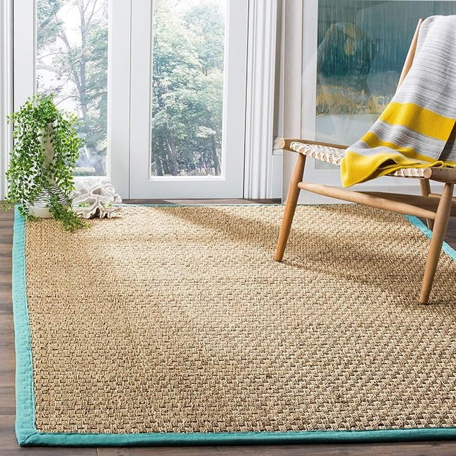 SAFAVIEH Area Rug 8x10 - Natural Fiber Collection - Large - Natural & Teal, Seagrass, Basketweave Pattern (NF114R)