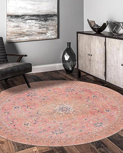 GLN Rugs Traditional Collection - Machine Washable Area Rug, Traditional Washable, Non Slip, Low Pile Chenille Rug, Living Room, Bedroom, Kitchen Rug (5'3" Round Pink Vintage)