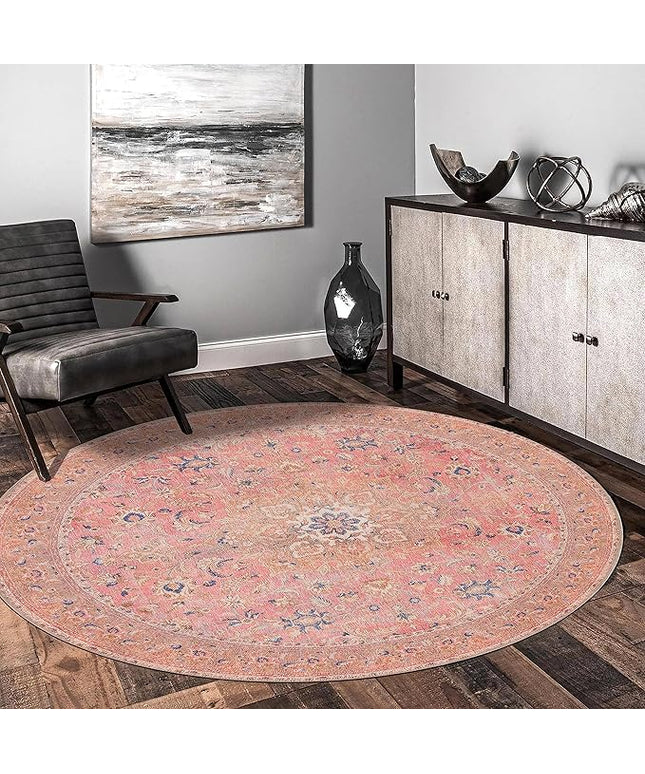 GLN Rugs Traditional Collection - Machine Washable Area Rug, Traditional Washable, Non Slip, Low Pile Chenille Rug, Living Room, Bedroom, Kitchen Rug (5'3" Round Pink Vintage)