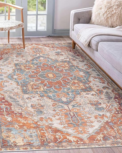 GLN Rugs Traditional Collection - Machine Washable Area Rug, Traditional Washable, Non Slip, Low Pile Chenille Rug, Living Room, Bedroom, Kitchen Rug (3'x5' Cream/Terra)