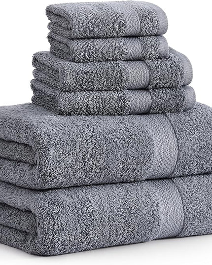 Lane Linen 100% Cotton Luxury Bathroom Towel Set - 6 Pcs - RingSpun, QuickDry, Very Soft & Highly Absorbent - 2 Large Bath Towels, 2 Washcloths, 2 Hand Towels - Pre Shrunk & Fade Resistant - Cool Grey